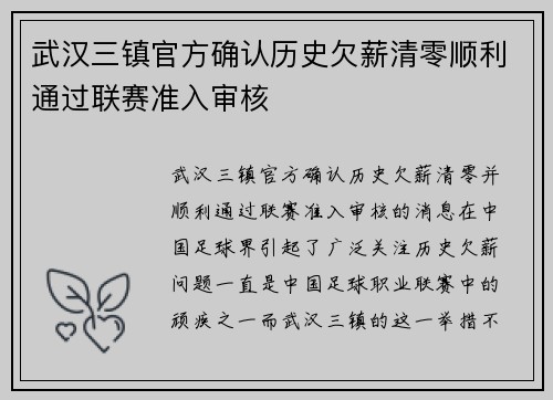 武汉三镇官方确认历史欠薪清零顺利通过联赛准入审核